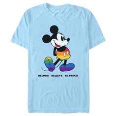 Who knew that dressing "mousey" could be so cute!? Celebrate Walt Disney's most iconic character with this officially licensed Disney Mickey Mouse and Friends Belong, Believe, Be Proud Adult Graphic T-Shirt. This LGBTQIA+ Pride-themed tee features a large graphic of Mickey in rainbow-colored shorts and shoes printed across the front, with the inspirational words: "Belong, Believe, Be Proud" below him in bold black font. Add this vintage Disney tee to your collection for the perfect style for you Mickey Mouse Crew Neck T-shirt For Disney Events, Disney Mickey Mouse T-shirt For Fan Events, Mickey Mouse Disney T-shirt For Fan Events, Disney Multicolor Mickey Mouse T-shirt, Multicolor Mickey Mouse T-shirt For Disney Events, Multicolor Mickey Mouse Cotton T-shirt, Multicolor Cotton Mickey Mouse T-shirt, Disney Mickey Mouse Fan Merchandise Tops, Pop Culture Mickey Mouse Tops For Disney Fan Events