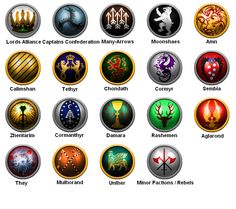 an image of different types of emblems on a white background with the names and colors