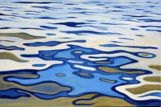 an abstract painting with blue and brown colors on the water's surface, as seen from above