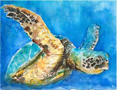 a painting of a green sea turtle swimming in the ocean with blue water behind it