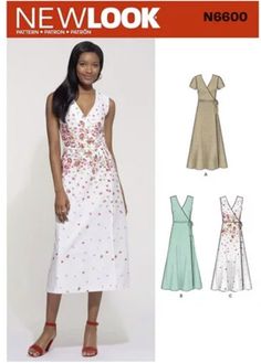 a woman in a dress and sandals standing next to an image of the new look sewing pattern