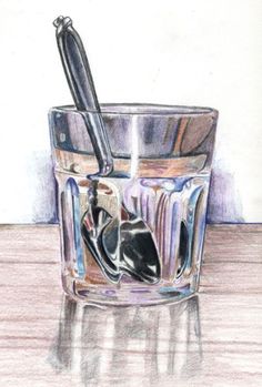 a drawing of a glass filled with liquid and two spoons sticking out of it