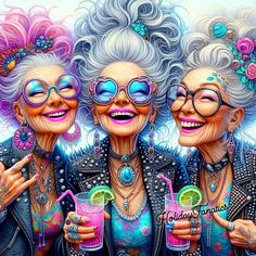 three older women wearing sunglasses and holding drinks