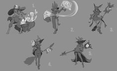 an animation character poses in various poses for the game, including two witches and one wizard