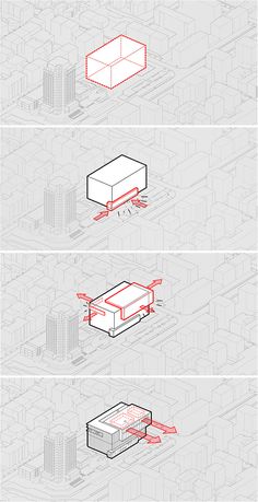 three different views of the city from above and below, with red lines on each side