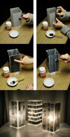 two pictures showing how to make a paper house out of plastic cups and plates with lights on them