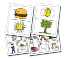 four cards with pictures of different animals and things in them, including a bee, a hamburger