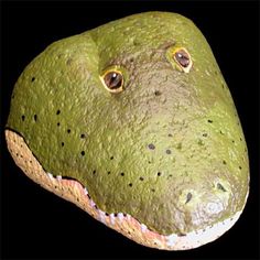 a green dinosaur head with yellow eyes and brown spots on it's face, against a black background