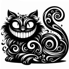 a black and white drawing of a cat with an evil smile on it's face