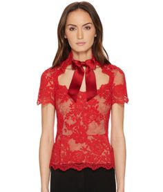 ad eBay - Find many great new & used options and get the best deals for Marchesa L2529 Red Short Sleeve Lace Top W/ Satin Bow Women's Size 10 at the best online prices at eBay! Free shipping for many products! Red Designer Formal Tops, Designer Red Formal Tops, Designer Red Tops For Fall, Designer Red Tops For Summer, Red Short Sleeve Tops For Evening, Chic Red Holiday Tops, Short Sleeve Lace Top, Satin Ball Gown, Bow Women