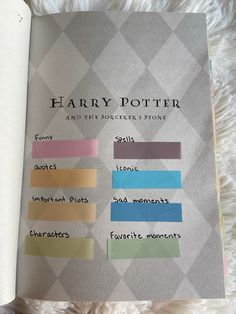 the harry potter book is open on top of a fluffy white blanket with several different colors