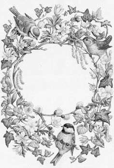 a drawing of two birds sitting on a branch with leaves and flowers around it, surrounded by berries