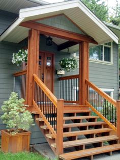 a porch with stairs leading up to the front door and side entry area, along with potted plants on either side