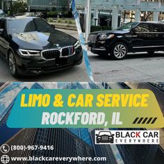 a black car parked in front of a tall building next to a street sign that says limo & car service rockford, illinois