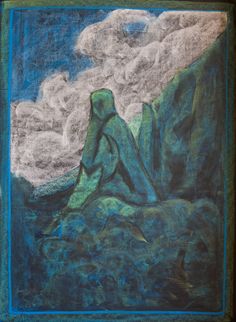 a drawing of a woman sitting on top of a rock under a cloudy blue sky