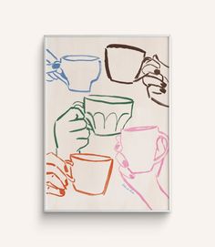 a painting with different colored cups and hands on it