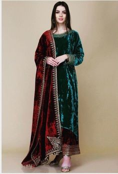 Beautiful pure hand made customised green velvet shirt kurta with palazo bottom,  Worked with resham and Tilla, embellished with small beads, worked on neck round bottom of the sleeves and on palazo bottom, Dupatta heavy velvet shawl with 4 side embroidered border with resham and Tilla work. perfect for all the occasion We use high quality velvet fabric also organza  We customize the outfit according to your choice shape and size Dry clean only  💯% fabric gauranteed, work guaranteed Slightly color changes b'coz of light and resolution 99% same as picture Do not wash in machine and detergent 1st dry clean  Instant wash use instant dryer after washing with water Do not use high heat iron on the work  Put paper while ironing hand work fabric or in thin fabric Velvet Palazzo, Velvet Suit Design, Deep Red Velvet, Velvet Kurta, Velvet Dupatta, Resham Work, Velvet Dress Designs, Velvet Shawl, Embellished Clothing