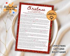 the christmas letter and right game is on display next to a white plate with flowers