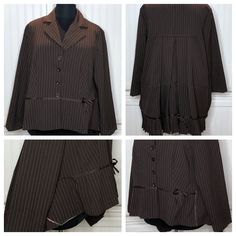 "This beautiful womens duster jacket was made from a light weight women's polyester suit. I call it an \"unsuit\" jacket. It's beautiful material and flows well with the high low hem lines. The back is pleated and has brown ribbon trim with a tiny bow. Button this up over black leggings and a tank top and you're ready for lunch or a business meeting.  This one of a kind piece is sure to cause waves at your next business meeting.  While I have sized this as an XXL please review the measurements b Brown Pinstripe Suit, Womens Duster, Brown Ribbon, Business Jacket, Brown Pinstripe, Tiny Bow, Duster Jacket, Weights For Women, Pinstripe Suit