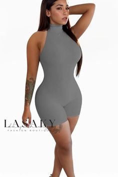 Lasaky - Chic Sleeveless Off-the-Shoulder Form-Fitting Jumpsuit Sleeveless Stretch Gray Bodysuit, Gray Stretch Sleeveless Bodysuit, Gray Sleeveless Bodysuit For Spring, Spring Sleeveless Gray Bodysuit, Fitted Gray Jumpsuit For Summer, Fitted Sleeveless Gray Bodysuit, Fitted Gray Sleeveless Bodysuit, Printed Dresses Fashion, Mesh Romper