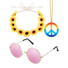 20 Best Hippie Costume Ideas for 2022 - Hippie Halloween Costumes Hippie Halloween Costume, Yellow Flower Crown, Hippie Glasses, Rainbow Peace Sign, Hippie Costume Halloween, Hippie Sunglasses, Hippie Accessories, Daisy Headband, Rainbow Peace