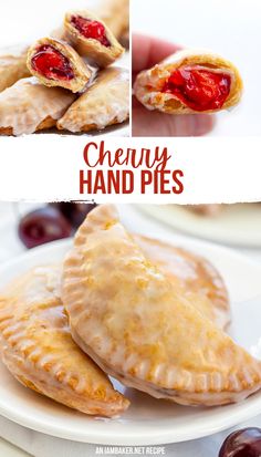 Three images are shown, one of two halves of a cherry hand pie on top of 3 whole ones, one of just one half being held, and one of three cherry hand pies on a white plate. Cherry Pie Empanadas, Cherry Empanadas Recipes, Cherry Fried Pies Recipe, Cherry Fried Pies Easy, Best Hand Pie Recipes, Fried Cherry Hand Pies, Baked Cherry Hand Pies, Cherry Empanadas Easy, Hand Fried Pies