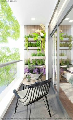 the balcony is filled with plants and flowers