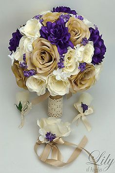 a bridal bouquet with purple and white flowers