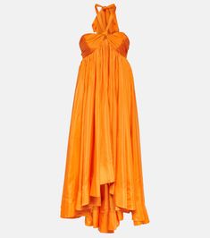 Halcyon Halterneck Silk Midi Dress in Orange - Zimmermann | Mytheresa Orange Silk Dress, Romantic Design, Luxury Women Fashion, Silk Midi Dress, Midi Length Skirts, Knee Length Dresses, High End Fashion, Made In China, Stunning Dresses