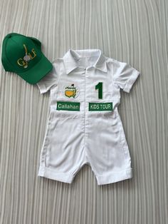 ⭐⭐Personalized Golf Shorts -Long Caddy Outfit for kids*Toddler Golf White-Green Suit*Baby Golf 1st Birthday Uniform*Machine Embroidered Costume⭐⭐ ⭐GOLF COSTUME will be a favorite of kids who love to play golf. 📌You can easily use this costume on your child's birthday, golf events, Halloween and many events. 👶🏻 It is specially designed for children. The costume fabric is cotton fabric, 1st quality fabric is used, it does not contain polyester. 📍Size: 1-5 Years 📍please write your child's age in months, weight and height 📍FullSet: Costume,Backname,Frontname,Hat 📍Only Costume: Masters Patch, Front Number and Kids Tour ⭐Long Options: Long Sleeve-Long Pants ⭐Short Sleeve Pants Options: Short Sleeve-Long Pants ⭐Shorts: Short Sleeve-Short shorts ⭐Golf Costume; The patch in the image ships w 1st Birthday Party Golf Theme, Masters Baby Birthday, Masters 1st Birthday, Par 3 Golf Birthday Party, Mastered First Year Birthday Party Golf, Whole In One Golf First Birthday, Golf Themed 1st Birthday Party, Golf Smash Cake Baby Boy, Masters 1st Birthday Party