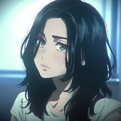 a woman with long black hair and blue eyes staring at the camera in an anime scene