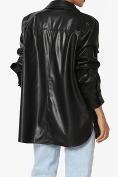 Layer up in the coated finish faux leather shirt. This outer layer can be worn open or buttoned up for extra warmth. Reaching mid-thigh and with long sleeves, you'll be effortlessly stylish every time. Wear with a crop top and denim pants, or leather bottom.Casually-cool vibe of a shirt jacket designed with an easy-to-layer snap buttoned frontPoint collar, Flap chest pockets, Curved hemLong sleeves with button cuffs, Oversized fitFits true to US size, S=Size(4-6), M=Size(8-10), L=Size(12-14), XL Leather Shirt Jacket, Faux Leather Shirt, Leather Shirt, Faux Leather Jacket, Jacket Design, Jacket Sale, Denim Pants, Oversized Fits, Shirt Jacket