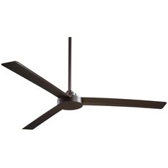 a ceiling fan that is on top of a white wall and it has black blades