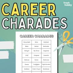 a poster with scissors and paper on it that says career charadess written in yellow