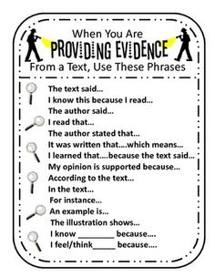 a poster with the words providing evidence from a text use these phrases to help students understand what they are reading