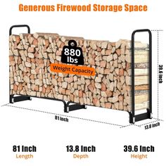 a firewood storage space with measurements for the width