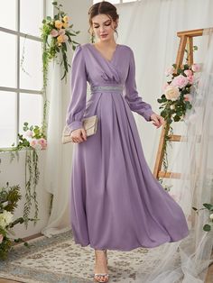 Purple Mauve Gown, Simple Evening Dress Long Sleeve, Simple Purple Dress Long Sleeve, Purple Formal Dress Long Sleeve, Long Puff Sleeve Dress Formal, Winter Gowns Formal Long Sleeve, Dark Purple Dress Long Sleeve, Simple Elegant Long Dress, Evening Dresses Elegant Classy Simple Long Sleeve