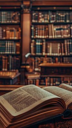 an open book sitting on top of a table in front of a bookshelf