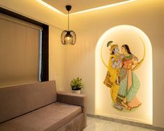 The enchanting mural of Radha and Krishna transforms this space into a sanctuary of love and devotion. A stunning representation of their timeless bond, it invites peace and harmony into the room. ✨🕉️ Acrylic on walls Size - 7' × 4' . #SpiritualArt #RadhaKrishna #HomeDecor . #wallpainting #walldecor #interior #homedecor #interiordecor #art #artwork #painting #creativepainting #indianheritage #indianart #indiantraditionalart #indianfashion #indianartistscommunity Wallpaper For Hall Interiors, Tanjoor Painting, Pooja Design, Navy House, Radha And Krishna, Gallery Wall Bedroom, House Wall Design, Easy Room Decor, Temple Design For Home