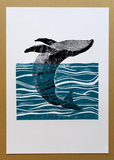 a card with a whale in the water and a man on a surfboard under it