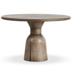 a round wooden table with two legs and a circular top, on an isolated white background