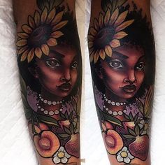 a woman's leg with sunflowers and other tattoos on her legs is shown