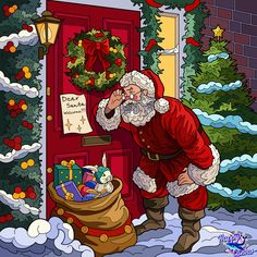 a santa clause is opening the door to his house