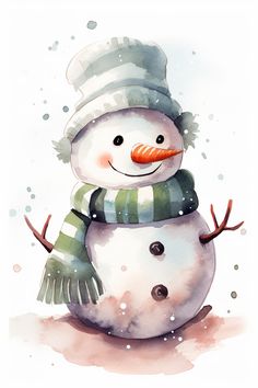 a watercolor painting of a snowman wearing a hat and scarf