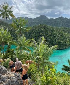 people are standing on the edge of a cliff overlooking blue lagoons and palm trees