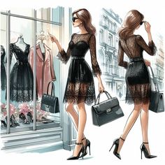 a woman in a black dress and heels is looking at her handbag as she walks past a window display