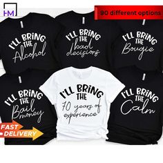 six t - shirts with the words your design here on them in black and white