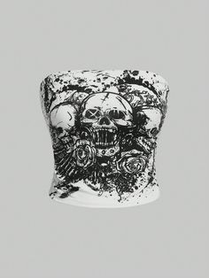 Women's Skull Print Bandeau Top White Casual  Sleeveless Fabric Halloween  Slight Stretch  Women Clothing, size features are:Bust: ,Length: ,Sleeve Length: Skull Outfit, Punk Crop Top, Halloween Plants, Goth Plus Size, Sinful Clothing, New Goth, Goth Tops, Grunge Tops, Street Style Outfits Casual