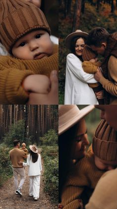 a woman holding a baby in her arms while walking through the woods