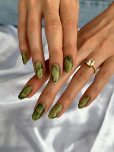 Jade nails, green nails, marble nails, short nails, almond nails, cute nails Green Marble Almond Nails, Jade Short Nails, Green Nail Art Short Nails, Jade Green Marble Nails, Periodt Green Nails, Green Nails Aesthetic Vintage, Fun Gel X Nails, Almond Nails Trendy Fall 2024, Fall Nails Short Design